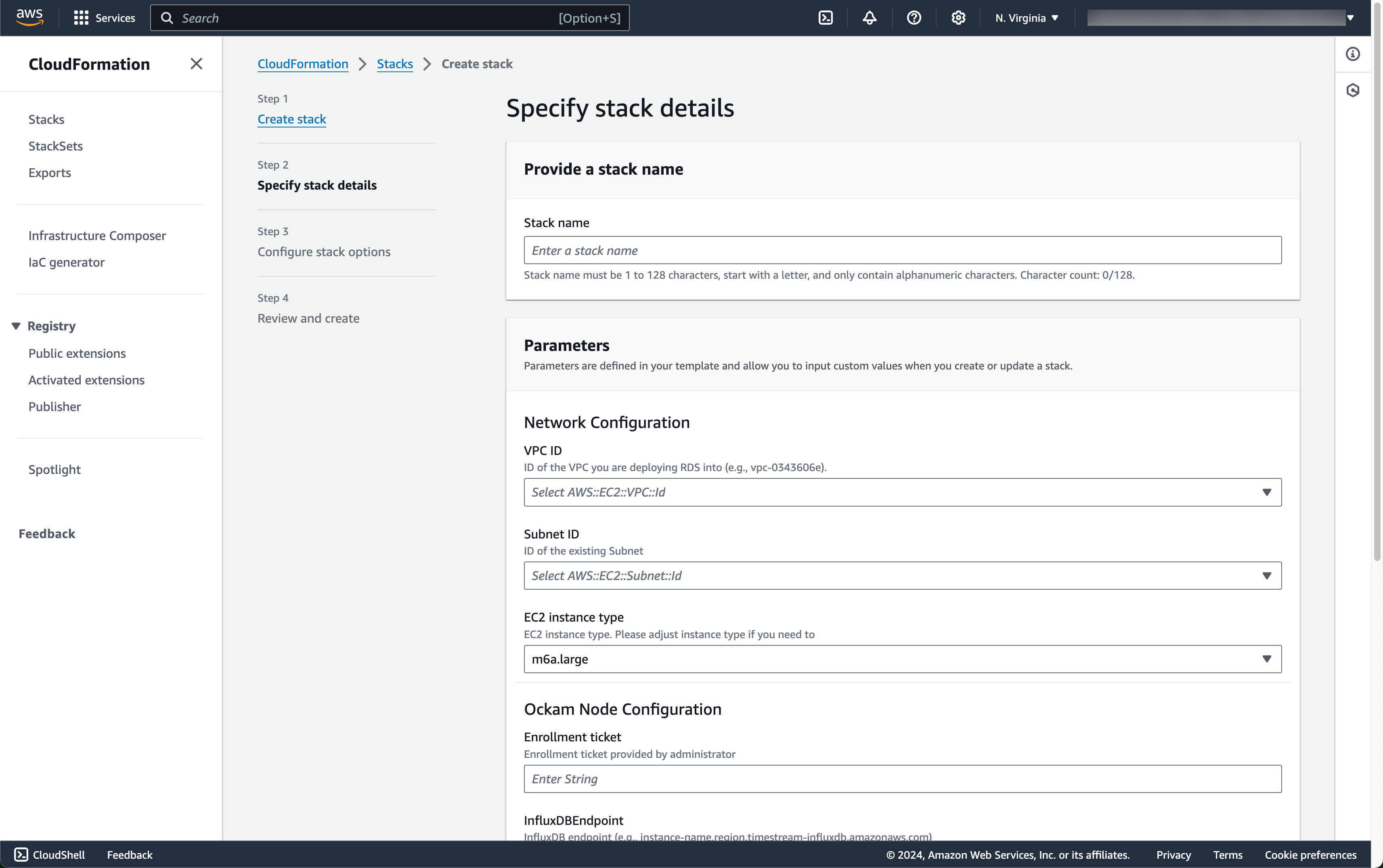 Ockam node for Amazon Timestream InfluxDB- create stack screen